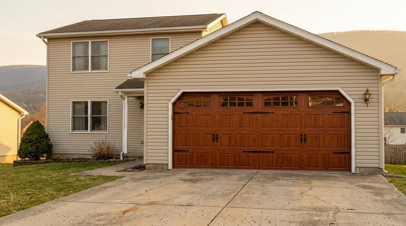 After — A worn garage door replaced with a new mahogany carriage door on the same Carbon County home