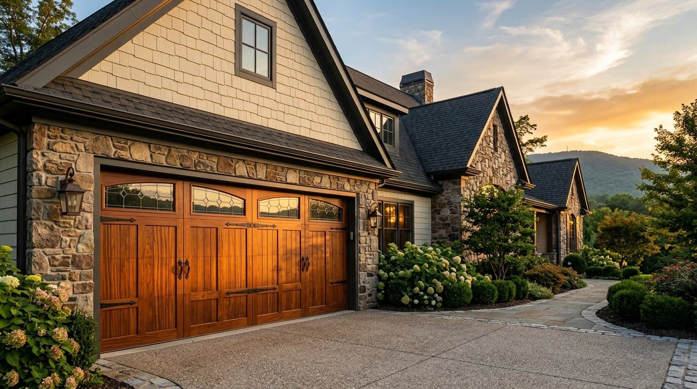 New mahogany carriage garage door at golden hour